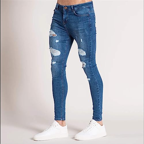 Mens Ripped Jeans High Waist Distressed Destroyed Skinny Jeans Tapered Leg Slim Fit Washed Denim Pants with Hole2