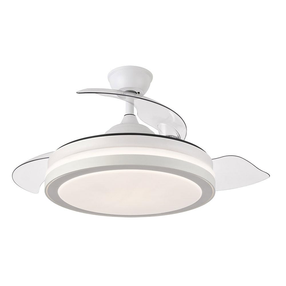 FABRILAMP ESPARTA MINI Retractable Ceiling Fan | Silent DC Motor | Integrated LED Light | 3 Light Shades | 6 Speeds | Remote Control | White, Metal