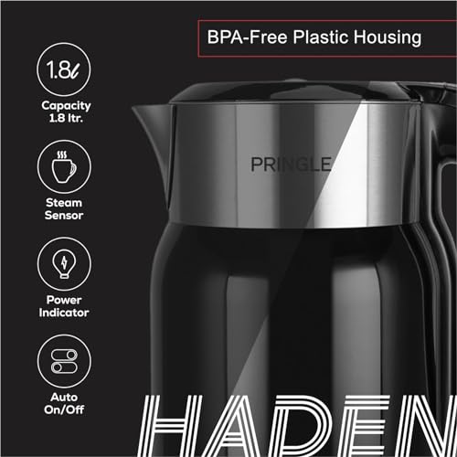 Image of Pringle Haden Electric Kettle Double Wall 1.8L With SS 304-1500W with Keep Warm Function,Boil Dry Protection &Auto-Shut Off| Concealed Heating Element| 360 Deg Cordless Base, (Black)