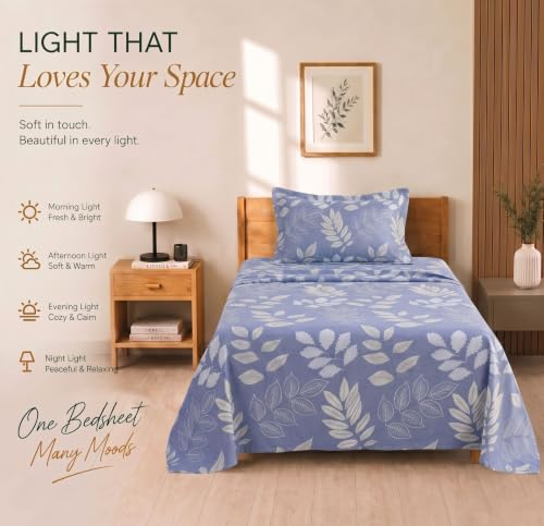 Image of BSB HOME 210 TC Cotton Feel Single Bedsheet with 1 Pillow Cover, Soft & Breathable Floral Printed Bed Sheet, Fade Resistant, Bedding for Home & Bedroom, 60 x 90 Inches (152 x 229 cm) (Serene Blue)