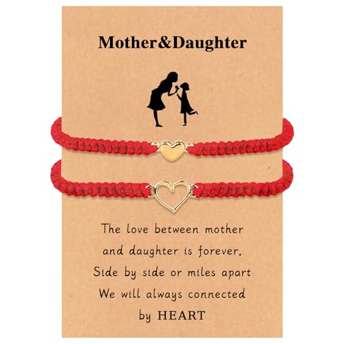 Mother and Daughter Matching Heart Bracelets Red String Bracelets Mommy and Me Bracelets Heart Wish Set Back to School Gifts for Daughter First Day of School Bracelets for Daughter (Red)