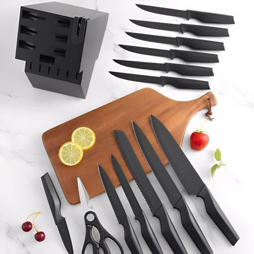 Knife Set, 14Pcs Kitchen Knife Set with Block Self Sharpening, High Carbon Stainless Steel Ultra Sharp Knives for Kitchen, 6 Steak Knives, Anti-slip Handle, Black, Elegant Gifts (Black) - image 9