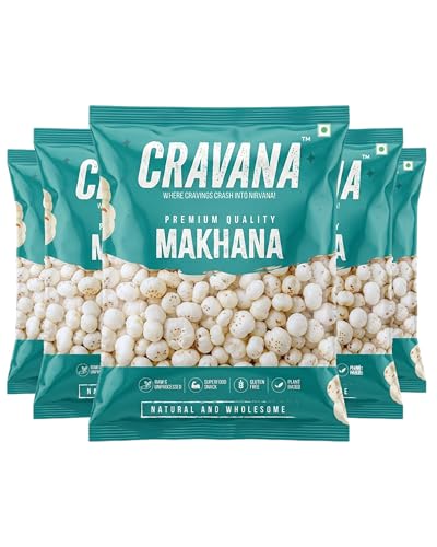 CRAVANA Raw Makhana | Premium Quality | Hand-Picked | Fresh | Clean | Fit for Fasting | Uniform Size | Healthy | Superfood Snack | Gluten-Free | Plant-Based | 200g | Pack of 5