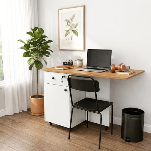 Image of Klaxon Foldable Study Table with Drawer & Storage Shelf | Compact Desk for Home & Students | Folding Design with Lockable Wheels. (Black, DIY Installation) (White, Kora)