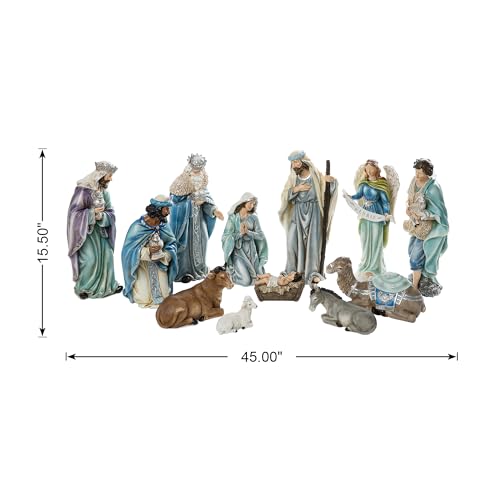 Image of Glitzhome Nativity Set for Christmas Indoor Decorations, 12-Piece Large Blue Nativity Figurines Sets 15.5 inch x 45.00 inch, Resin Tabletop Scenes Figures Xmas Collectibles Figurines Statue Holiday Decor
