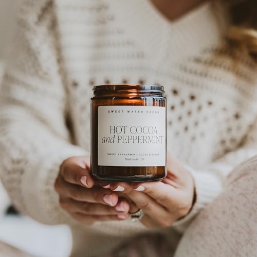 Sweet Water Decor Hot Cocoa And Peppermint Soy Candle | Chocolate, Peppermint, And Vanilla Holiday Scented Candles For Home | 9Oz Amber Jar Candle With Black Lid thumb #1