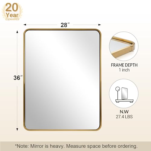 Image of ANDY STAR 28x36 INCH Gold Mirror Bathroom, Brushed Gold Mirrors for Wall in Anti-Rust SUS304 Tube Metal Frame, Rounded Rectangle Mirrors 1'' Deep Wall Mounted Vertically /Horizontal for Bathroom