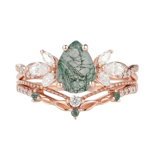 Natural Moss Agate Wedding Ring Set for Women 1CT Moss Agate Bridal Ring Set 925 Sterling Silver 10K 14K 18K Gold Vintage Engagement Ring Set for Wife Bridal with Free Engraving