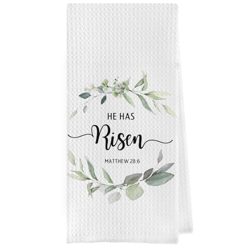 Geqtt Easter Christian Dish Towels - He Has Risen Decorative Waffle Weave Kitchen Towels, Christian Gifts Hand Tea Towels, Easter Gifts (16×24 Inches)