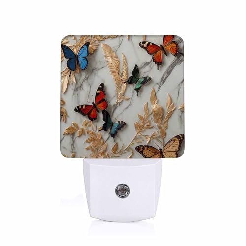 Image of LED Night Light Lamp with Smart Sensor Dusk to Dawn Sensor,Marble with Feathers Flowers and Butterflies Night Light Daylight White,0.5W Plug-into Wall for Adults,Bedroom,Hallway,Kitchen
