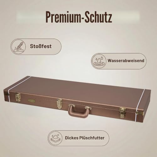 Crossrock Rechteckiger Koffer für E-Gitarren aus Holz für Fender Stratocaster und Telecaster, Schokoladenbraunes Finish, violetter Samt, Schloss – Designer-Serie