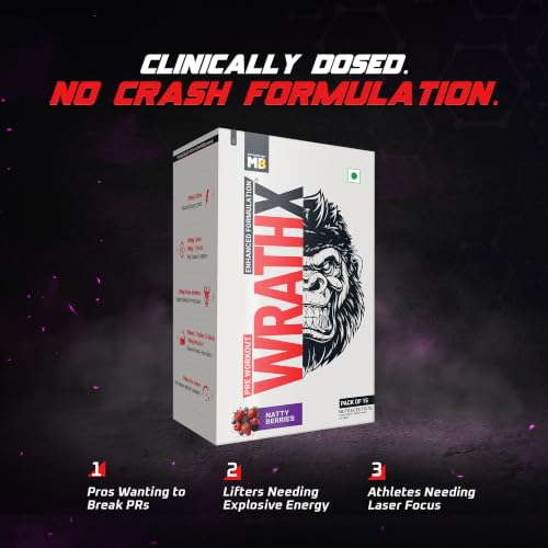 Image of MuscleBlaze Pre Workout WrathX Powder, Natty Berries, 270g, 15 Servings | Fully Loaded, Crash Free with Caffeine, Citrulline & Beta Alanine | Trustified Certified | Built for Athletes - Dope Free