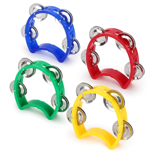 4 Pack Plastic Percussion Tambourines, Mini Hand Bell Percussion with