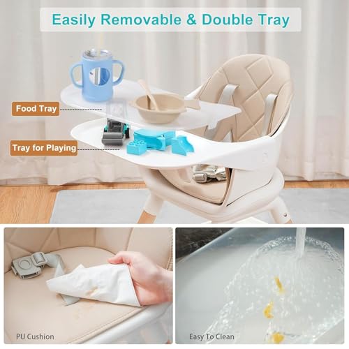 Image of High Chair, 6 in 1 Wooden Convertible High Chairs for Babies and Toddlers, Booster Seat with Double Tray & Reversible Footrest Baby Highchair, 5-Point Harness Baby Feeding Chair, Beige