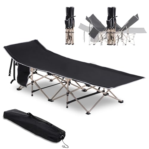 Outsunny Single Person Camping Bed Folding Cot Outdoor Patio Portable Military Sleeping Bed Travel Guest Leisure Fishing with Side Pocket and Carry Bag - Black