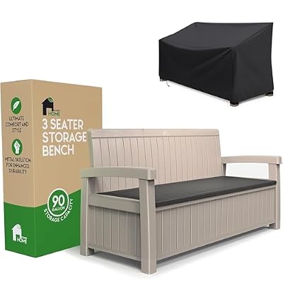 EconoHome 3 Seat Outdoor Storage Bench with Rain Cover - 90 Gallon Capacity - Weatherproof Resin Bench for Patio, Porch, Garden, Yard, Pool Area - Furniture for Pool Accessories, Gardening Tools