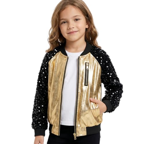 Image of WELAKEN Girls Sequin Sparkle Zip Bomber Jacket | Sequin sleeves, shiny bomber style, ribbed trim, smooth zipper and side pockets for party, dance, school and photos
