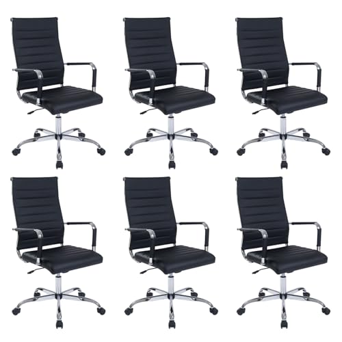 Office Desk Chairs Set of 6 Adjustable Black Leather Swivel