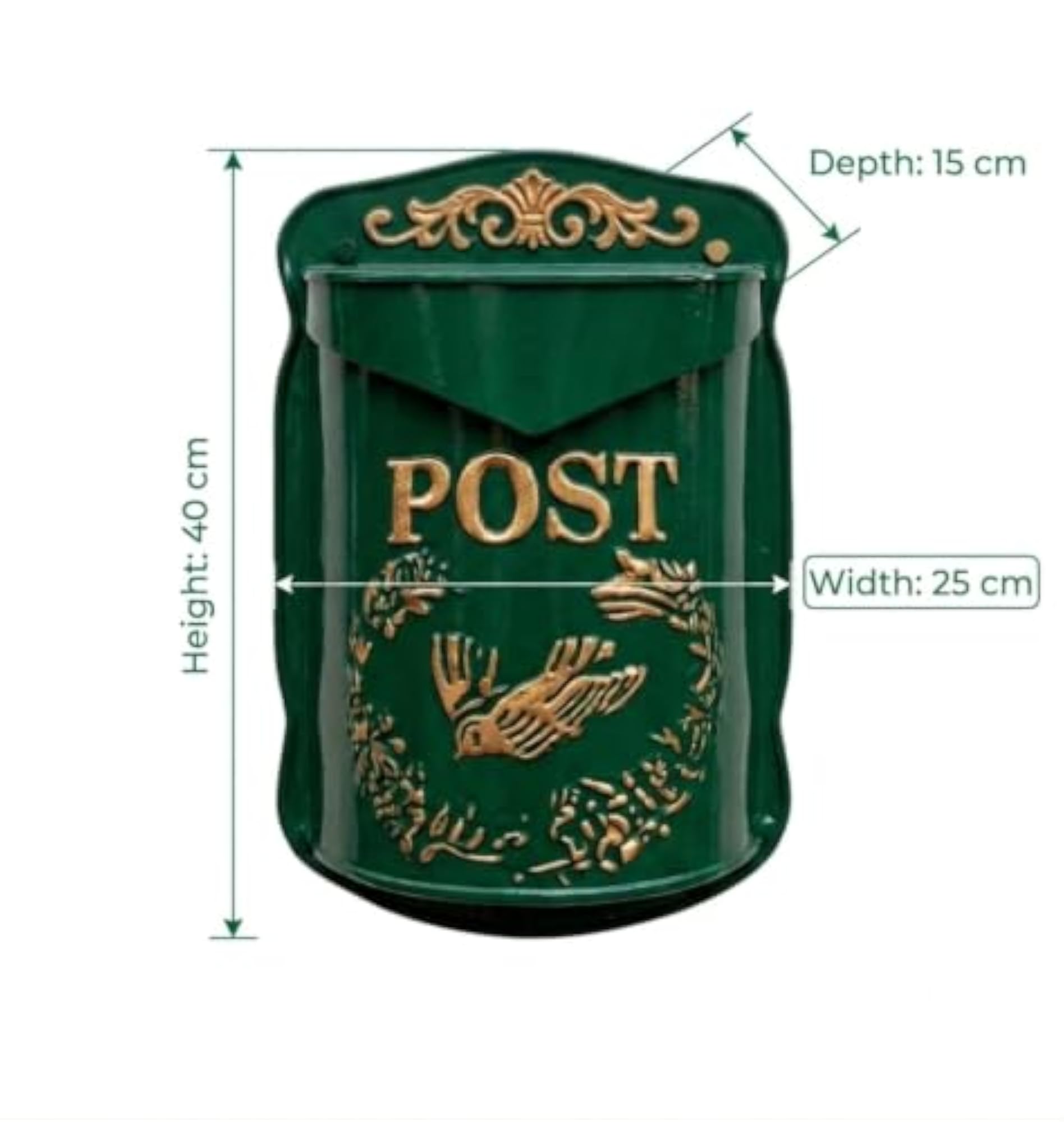 Wall Mounted Post Box, Green with Embossed Bird