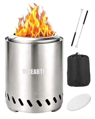 VICEARTH Tabletop Fire Pit 9.7 x 7.1 In Portable Smokeless Mini Fire Pit for Patio & Camping Stainless Steel Table Top Firepit for Wood Pellets with Heat-Resistant Mat Travel Bag & Roasting Sticks