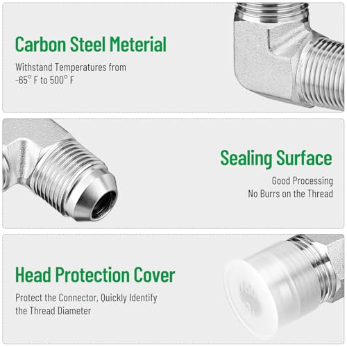 Image of 90 Elbow Hydraulic Adapter Fitting: 1 /2 inch JIC Male x 3 /8 inch NPT Male | 5 Pack Carbon Steel Hydraulic Hose Crimp Connectors with Protective Covers for Hydraulic Applications - 2501-08-06