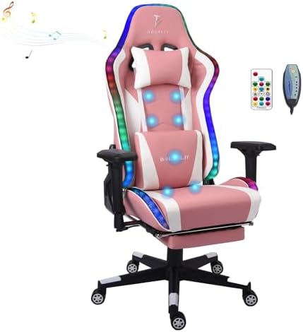 TBQATNTS 7-Point Massage Gaming Chair, Video Gaming Chair with Speakers and LED/RGB Lights, Ergonomic Computer Chair with Footrest and Lumbar Support, 180 Degree Tilt High Back Office Chair,Pink