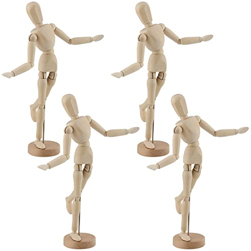 KEILEOHO Wooden Mannequin Figure, 4 PCS 13 Inch Art Sculpture, Articulated Drawing Manikin, Schima superba Wood, Natural Color, Home Decor
