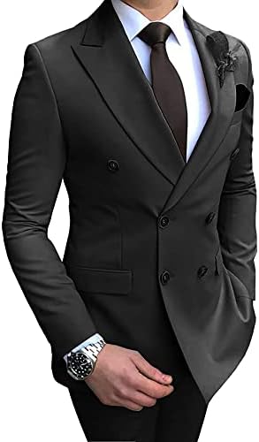 Genericc Men's Black Double Breasted Suit 2 Pieces Slim Fit Prom Tuxedos Peak Lapel Blazer for Wedding Groom Formal Business Suits(Size 38)
