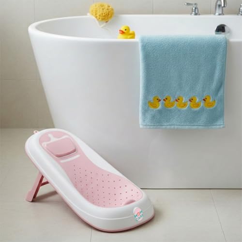 Image of MOM CARE Foldable Baby Bath Support Seat for Newborn (0-6 Months) | Anti-Slip Silicone Baby Bather | Ergonomic Infant Bath Seat for Sink, Tub & Floor | Portable Newborn Bath Support Chair | Pink