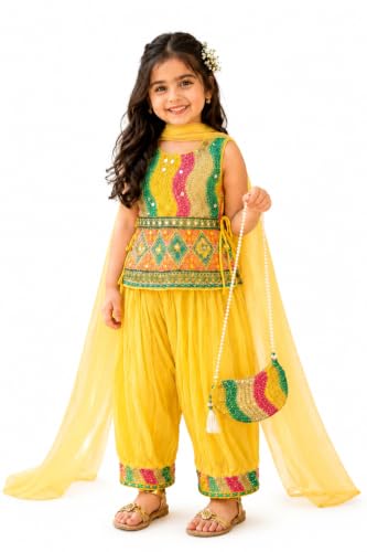 Image of Girls Clothing Set Yellow Embroidered Salwar Suit with Dupatta
