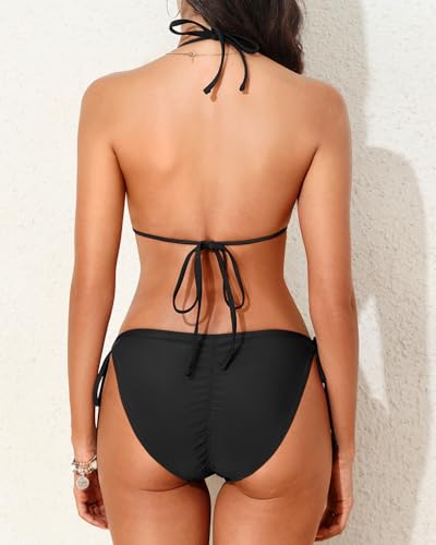 Holipick Two Piece Triangle Bikini Sets For Women String Bathing Suit Halter Top With Side Tie Bikini Bottom Black thumb #4