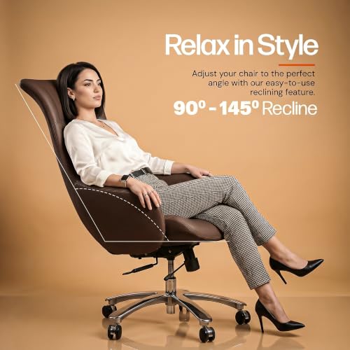 Image of DROGO Calista Ergonomic Office Chair for Work & Home with Premium Vegan Leather | Executive Boss Chair with 5 Cm Seat Depth Adjustment | 3-Point Tilt Recline Lock | Heavy Duty Metal Base (Brown)