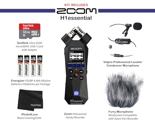 Zoom H1essential Handy Recorder Bundle with Professional Lavalier Condenser Microphone, 32GB microSDHC Card, Furry Microphone Windscreen, 4 AAA Alkaline Batteries, and More!