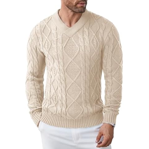 COOFANDY Men's V-Neck Cable Knit Jumper Cover