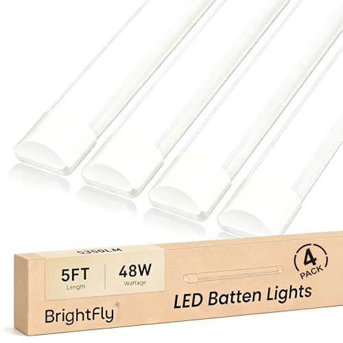Image of BrightFly 5FT LED Batten Lights,4 Packs 1.5m 5350LM Cool White 6500K 48W LED Tube Light, Super Bright Indoor Lighting for Home/Garage/Workshop/Office/Loft/Shed/School Cafeterias, Easy Installation.