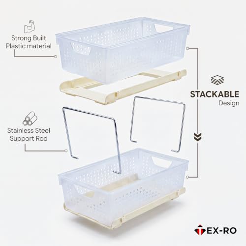 Image of TEX-RO Stackable Storage Baskets Organizer - 3 Tier Multipurpose Plastic Storage Rack with Stainless Steel Support Rods for Bathroom, Vanity, Wardrobe & Under Sink Storage (Clear /Beige)