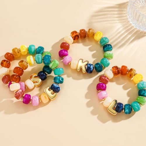 LOVEZORA Gold Plated Initial Bracelet Letter F Chunky Beaded Bracelet, Colorful Boho Statement Jewelry,Summer Jewelry Gift for Mom Women by LOVEZORA - Used condition - Image 5
