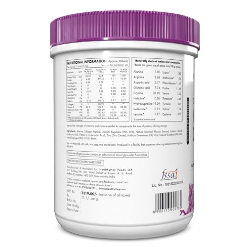 Image of HealthyHey Glow-n-Shine Marine Collagen Powder - Hydrolyzed | Type 1 Collagen Protein Supplement with Hyaluronic Acid | Amino Acids for Skin, Hair, Nails (Lemon,200g)