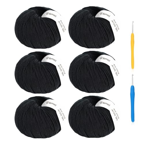 Acrylic Yarn for Crocheting Size 3, Reessy 786 Yards Soft DK Weight Yarn (CYC #3), No-Splitting and 2pcs Crochet Hooks for Beginners, Solid 6 Skeins for Small Crochet or Knitting Projects(Black)