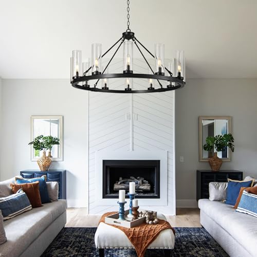 Image of 12 Light Black Chandelier Wagon Wheel Chandelier with Clear Glass Shade Round Industrial Pendant Lighting Fixture for Stair Living Room Foyer Kitchen
