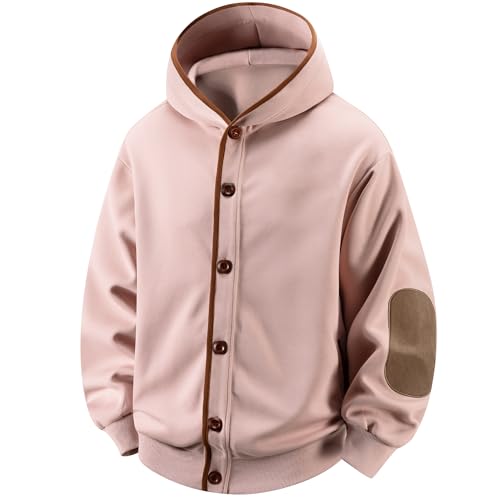 [W Wonyo] ボタンパーカー メンズ スウェット カーディガン レトロ 上品 トレーナー おしゃれ 配色パイピング 秋服 人気 フーディー フード付き とれーなー 透湿 保温 すべすべ速乾 裏地付き ぱーかー 長袖 トップス カジュアル アウター ゆったり 大きいサイズ 上着 中厚 羽織り 男女兼用 秋冬春 pink 2XLの商品画像（Amazon）