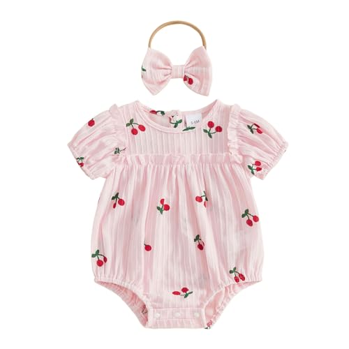 CIYCUIT Baby Girl Cherry Romper Outfit with Headband Newborn Infant Summer Short Sleeve Bubble Bodysuit Clothes Pink 0-3 Months