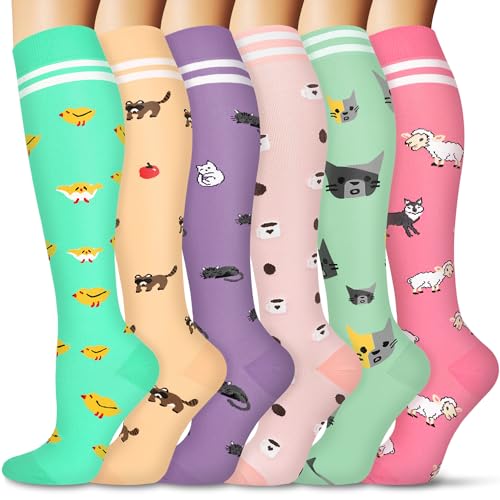 FULLSOFT 6 pares de calcetines de compresión para mujeres y hombres, 15-20 mmHg de soporte hasta la rodilla para enfermeras, atletismo, vuelo (6 pares de animales, grande-XL)