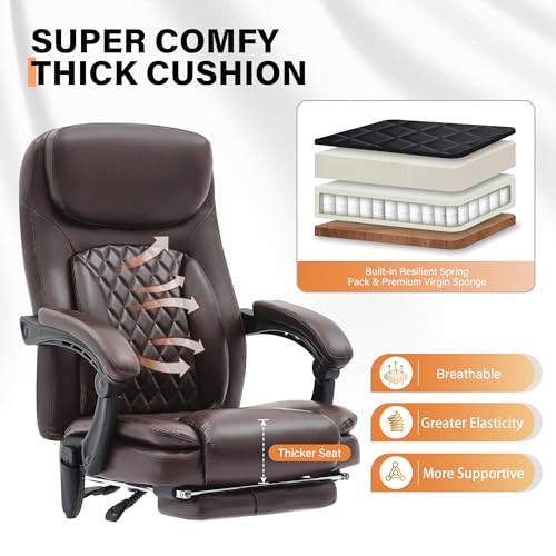 Image of 500LBS Massage Office Chair, Reclining 6 Points Vibration and Heat Desk Chair with Foot Rest, Ergonomic Executive Office Chairs, Comfy Wider & Thicker Seat, Big and Tall Gaming Chair, PU Leather Brown