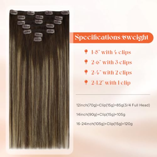 Image of Sunny Hair Clip in Hair Extensions Real Human Hair Balayage Caramel Blonde | Clip on Hair Extensions Brown Balayage Caramel Blonde with Natural Feel, Temporary Length and Easy to Wear 14 Inch 105g