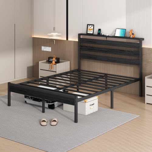 Image of CLIBFENG 14 Inch Classic Metal Platform Bed Frame-Queen Size Bed Frame with Headboard,Steel Slats Support-LED Bed Frame with USB Charging Station,Under Bed Storage,No Box Spring Needed,Noise Free