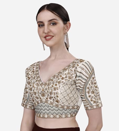 Image of Pujia Mills Mills Women's Fancy Readymade Heavy Coding Embroidary Worked Half Sleeve Multicolor Saree Blouse(Mushroom)