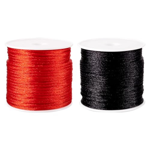 Spritewelry 2 rollos de cuerda de nailon satinado rojo y negro para hacer joyas, macramé, cola de rata, nudos chinos, cordones de amistad, pulseras, collares, hilo de cuentas de 1,5 mm
