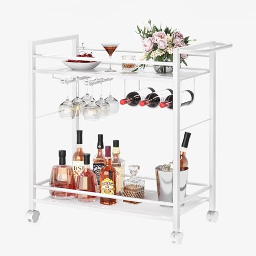 Joaxswe Bar Cart,Home Bar Serving Cart with Storage Shelves, 2 Tier Rolling Beverage Cart with Wheels, Modern Wine Cart with Wine Rack and Glass Holder for Kitchen, Living Room,Dinning Room,White
