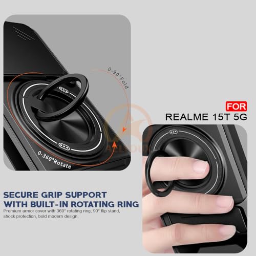 Image of Realme 15T 5G / Realme Narzo 90 5G Back Cover | Armor Camera Slider 360 Degree Rotating Finger Ring Holder Case with Bracket Stand Back Case Cover (Compatible with MagSafe Accessories) (Black)